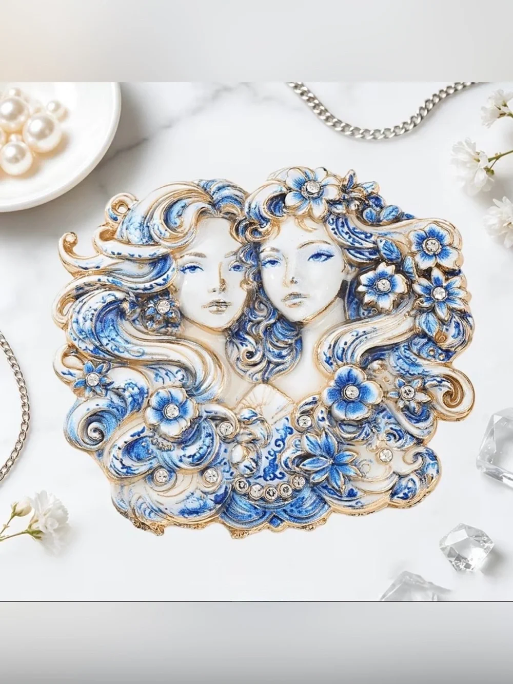 Blue & White Gemini Goddess Brooch